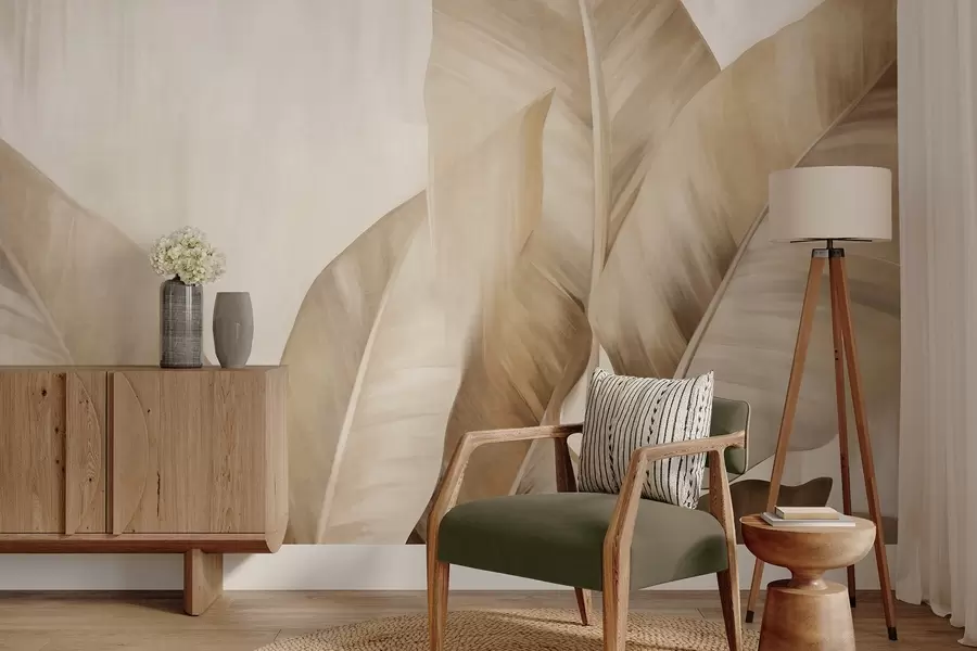 τοιχογραφίες Μεγάλα, ανοιχτό καφέ φύλλα μπανανιάς με υφή σε ανοιχτό μπεζ φόντο, με απαλή και μινιμαλιστική αισθητική w09586