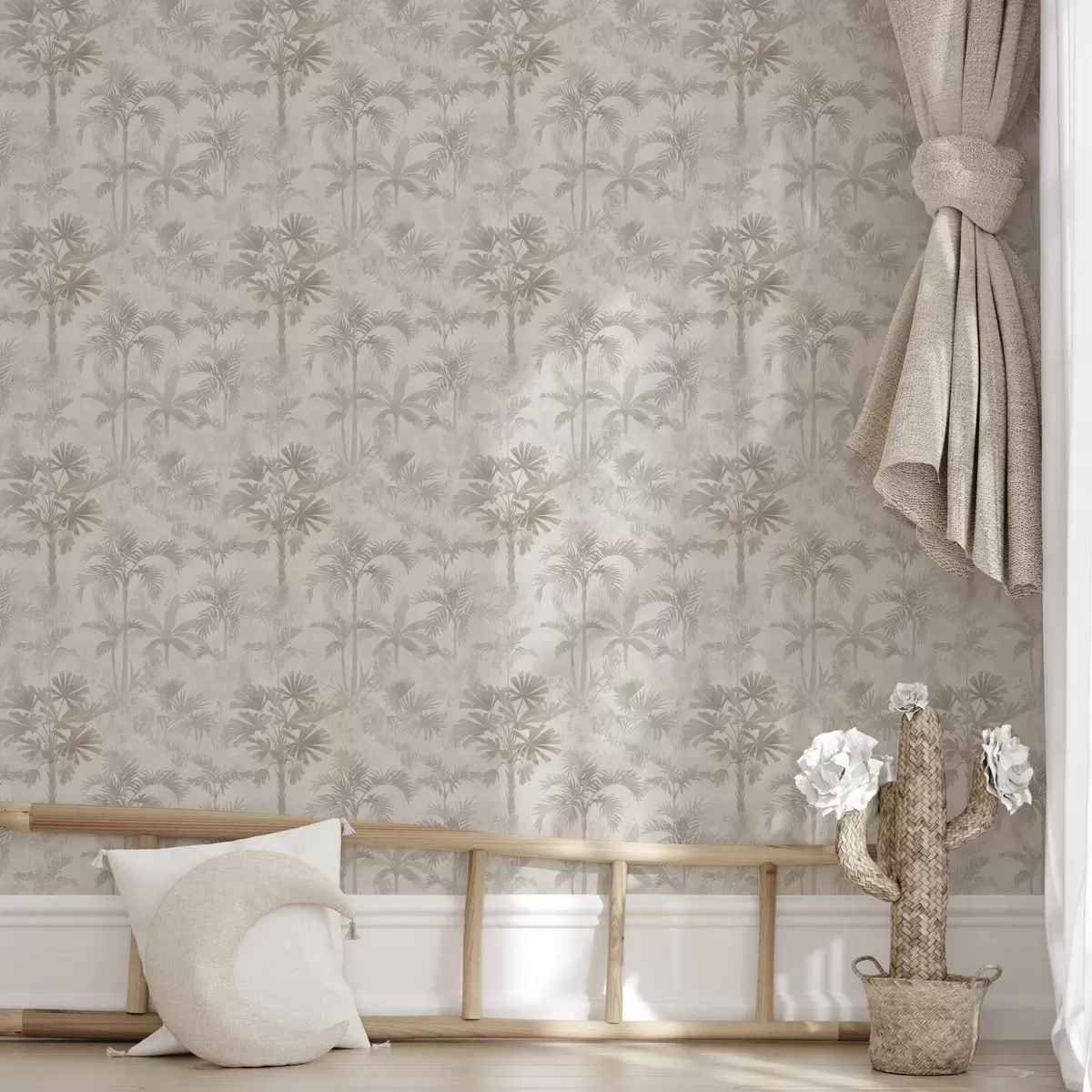 Ταπετσαρία Ομιχλώδης φοινικόδασος σε ζεστούς μπεζ τόνους a00881