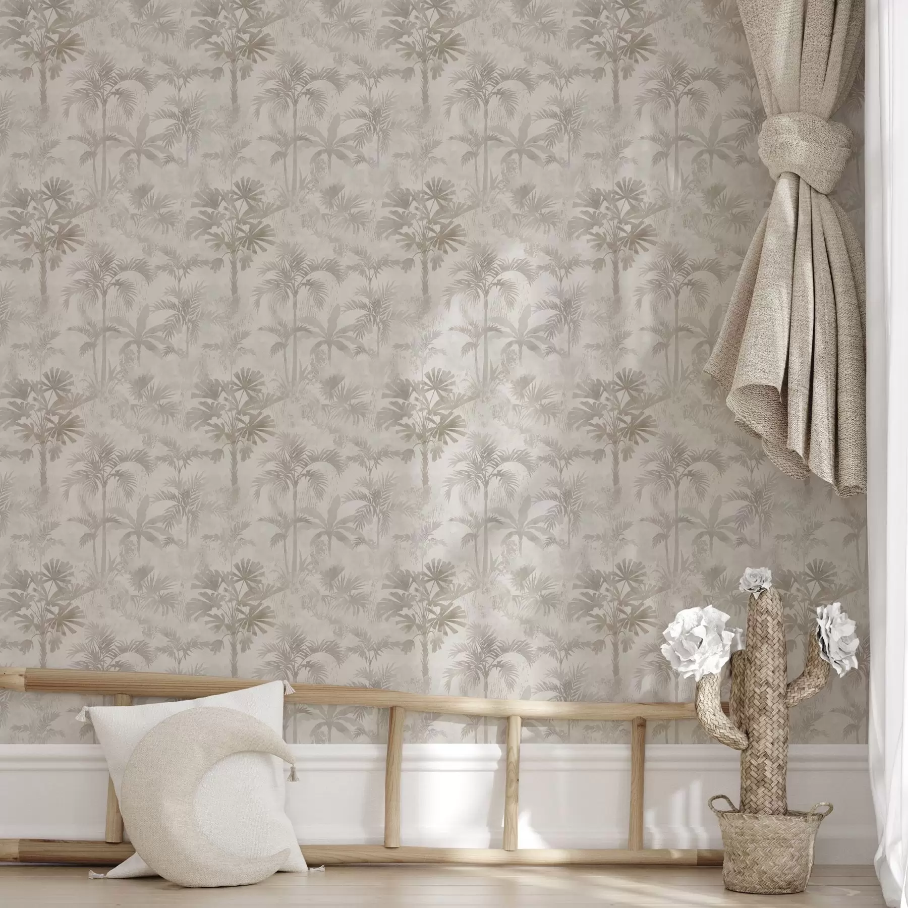 τοιχογραφίες Ομιχλώδης φοινικόδασος σε ζεστούς μπεζ τόνους a00881