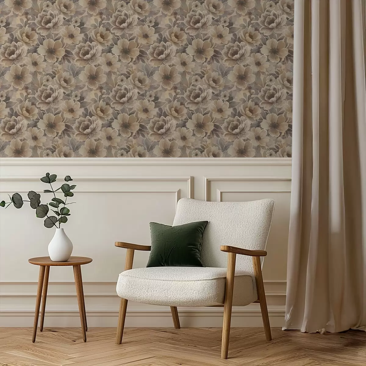 Ταπετσαρία Ζωγραφικά μπεζ λουλούδια σε καπνιστό αφηρημένο φόντο a00884