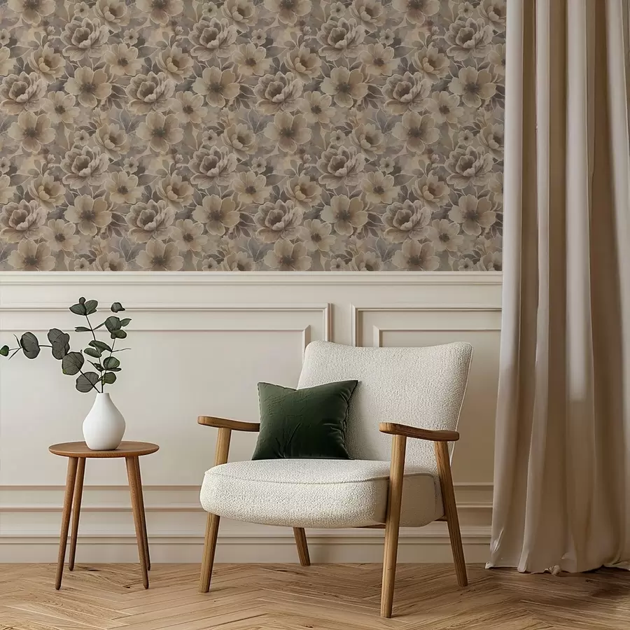 τοιχογραφίες Ζωγραφικά μπεζ λουλούδια σε καπνιστό αφηρημένο φόντο a00884