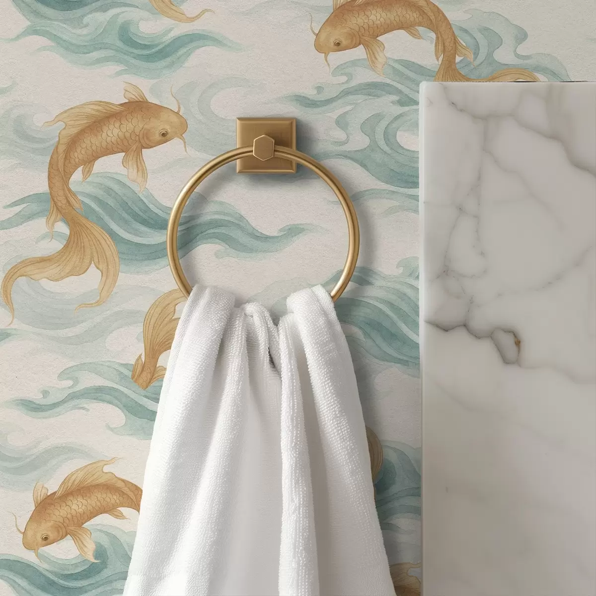 Ταπετσαρία Κεχριμπαρένια ψάρια koi κολυμπούν ανάμεσα σε απαλά τυρκουάζ κύματα a00894