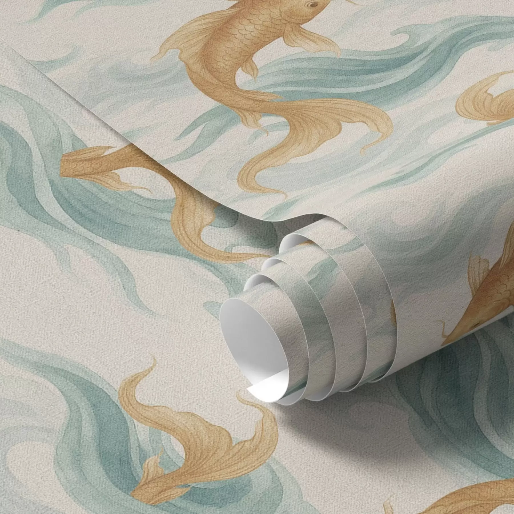 τοιχογραφίες Κεχριμπαρένια ψάρια koi κολυμπούν ανάμεσα σε απαλά τυρκουάζ κύματα a00894