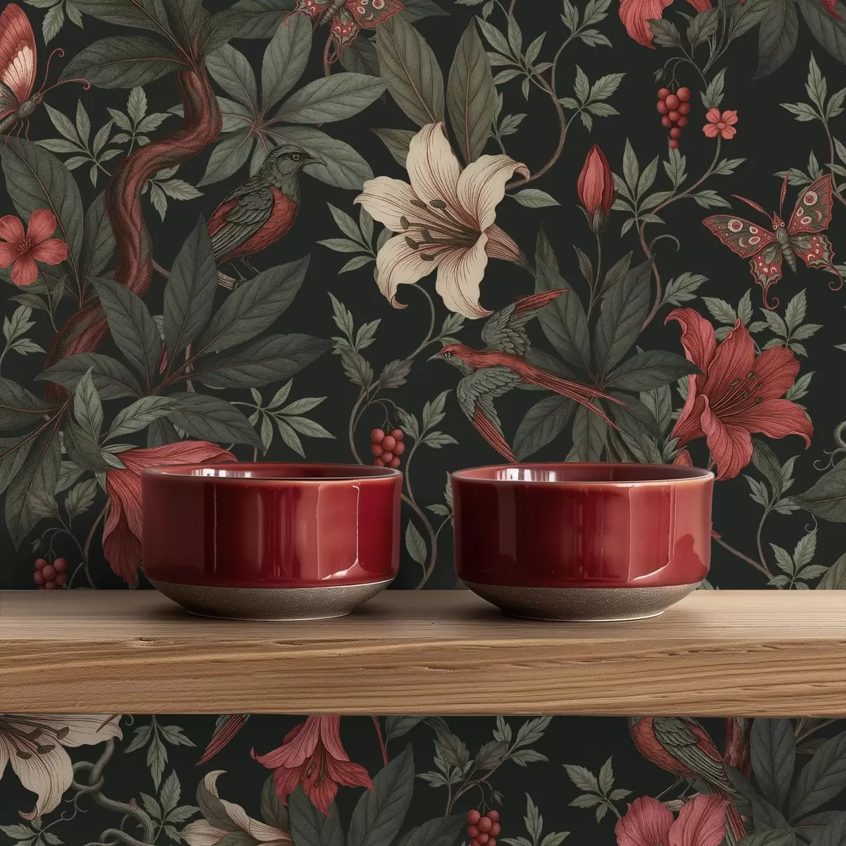 Ταπετσαρία Σκούρα λουλούδια της ζούγκλας με πουλιά και πεταλούδες a00895