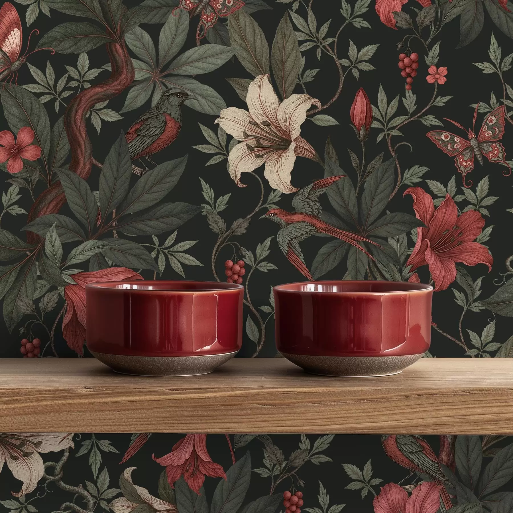 τοιχογραφίες Σκούρα λουλούδια της ζούγκλας με πουλιά και πεταλούδες a00895