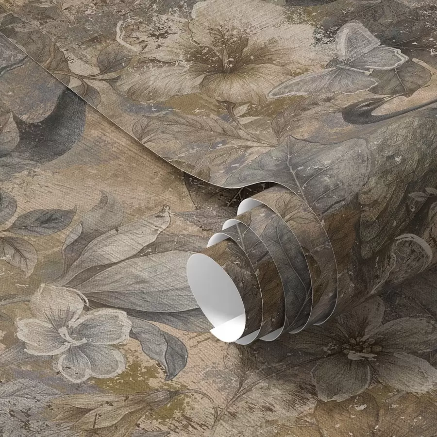 τοιχογραφίες Παλαιωμένο κολάζ με λουλούδια, παγώνια και πεταλούδες a00897