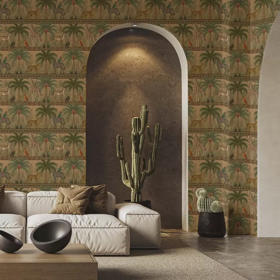 τοιχογραφίες Διακοσμητικά ζώα της σαβάνας ανάμεσα σε φοίνικες και μπορντούρες a00898