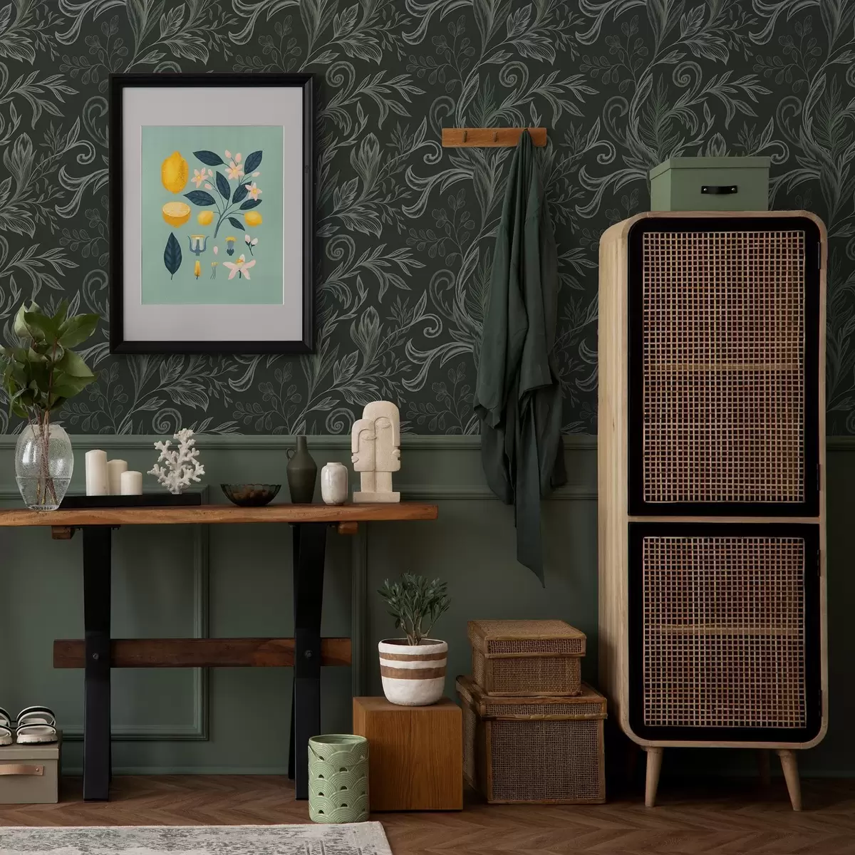 Ταπετσαρία Βαθύ δάσος με κυρτωμένα φύλλα σε αποχρώσεις του πράσινου a00935v2