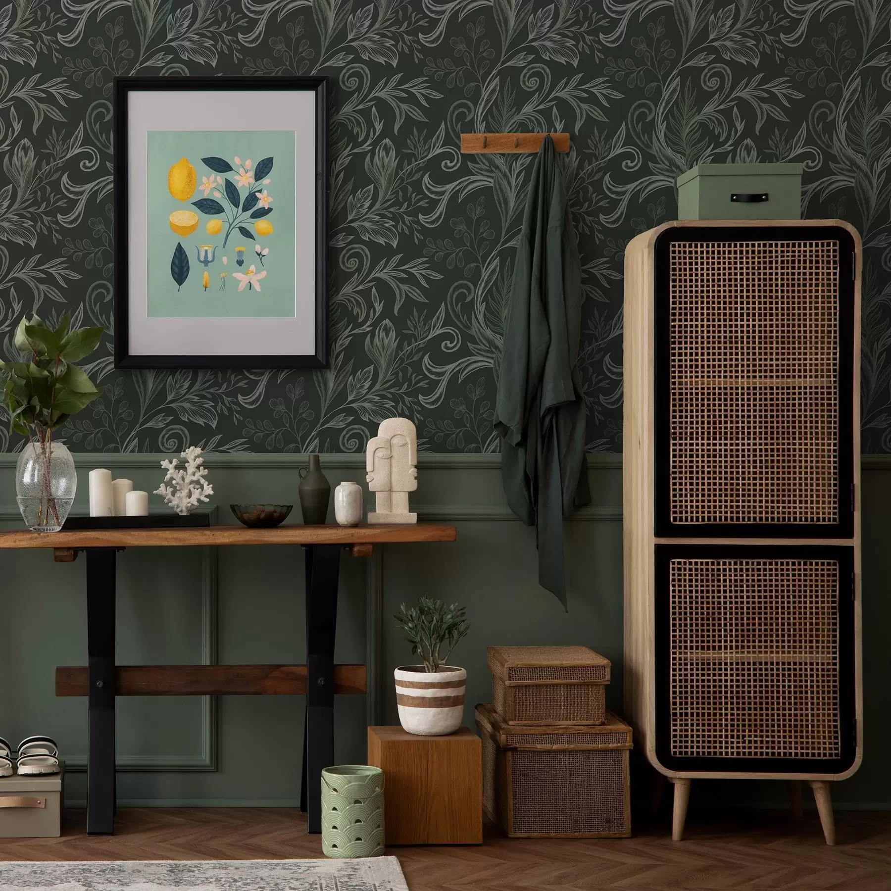 τοιχογραφίες Βαθύ δάσος με κυρτωμένα φύλλα σε αποχρώσεις του πράσινου a00935v2