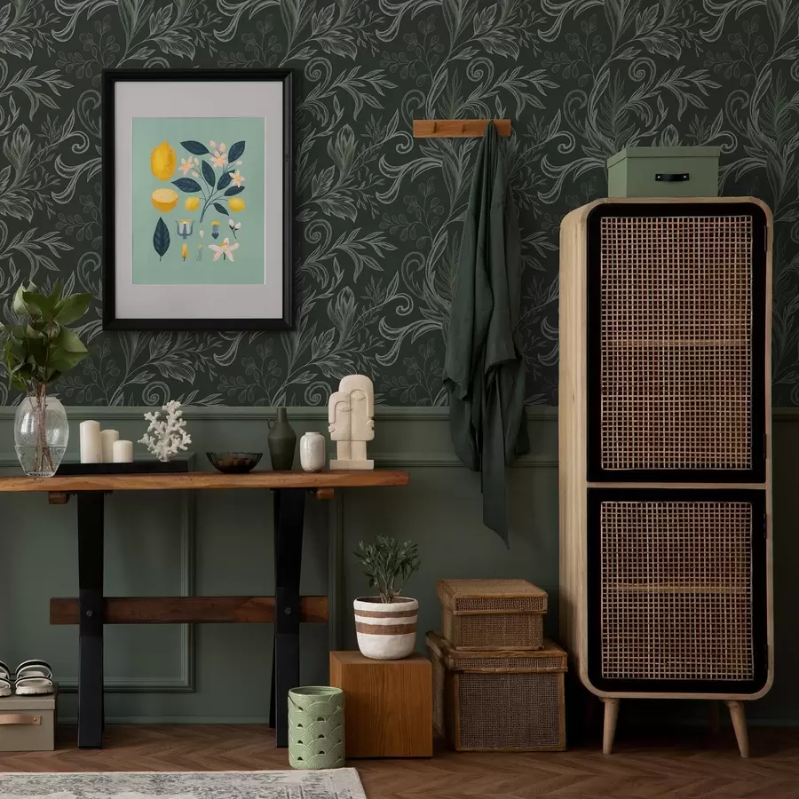 τοιχογραφίες Βαθύ δάσος με κυρτωμένα φύλλα σε αποχρώσεις του πράσινου a00935v2