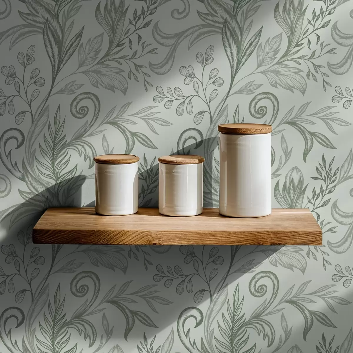 Ταπετσαρία Απαλά φύλλα μέντας με λεπτές γκριζοπράσινες γραμμές a00935v3