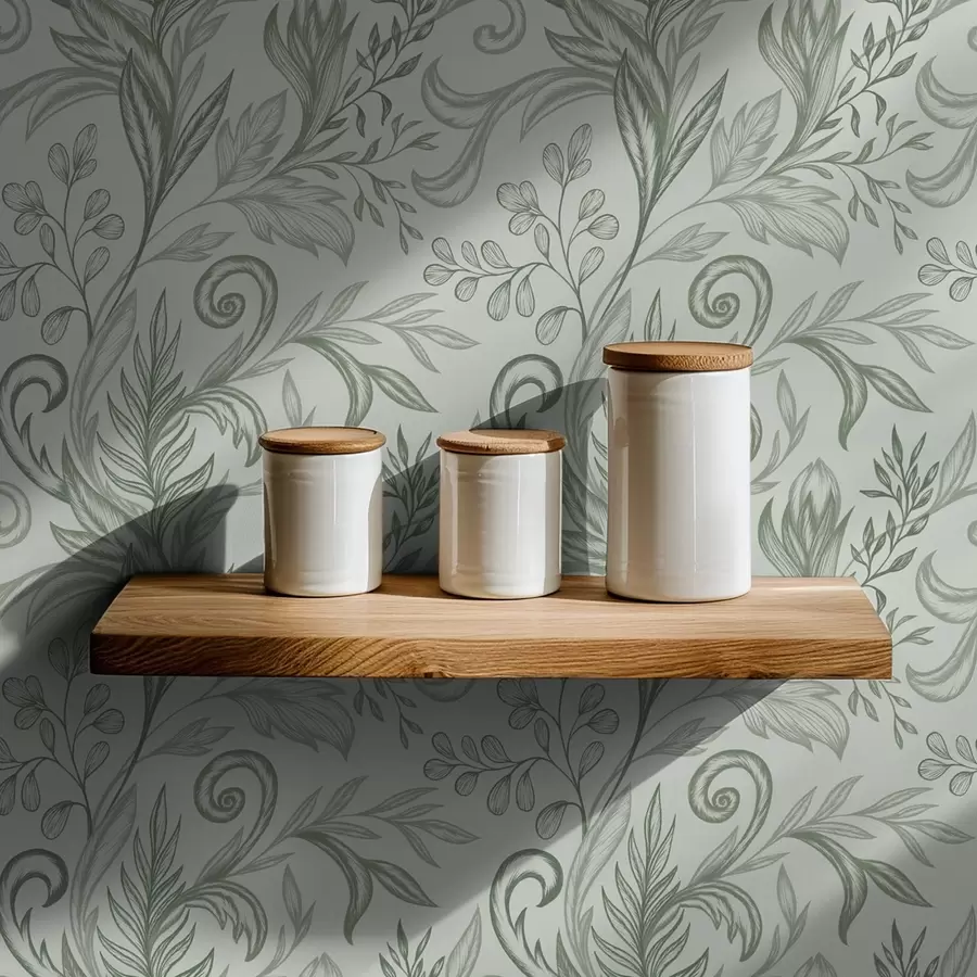 τοιχογραφίες Απαλά φύλλα μέντας με λεπτές γκριζοπράσινες γραμμές a00935v3