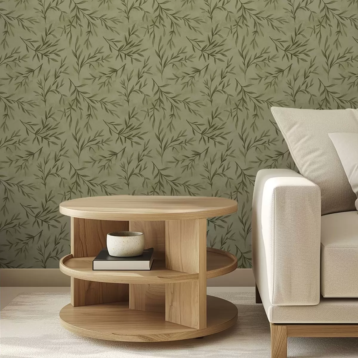 Ταπετσαρία Κλαδιά ελιάς σε απαλό κίτρινο-πράσινο φόντο με υφή a00936