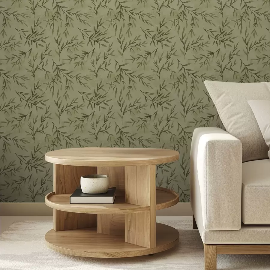τοιχογραφίες Κλαδιά ελιάς σε απαλό κίτρινο-πράσινο φόντο με υφή a00936
