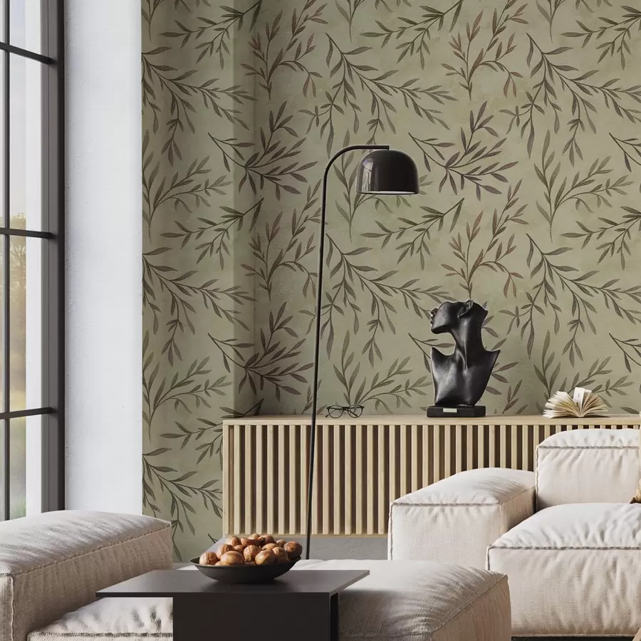 τοιχογραφίες Λιλά και πράσινα κλαδιά με φύλλα σε ζεστό φόντο a00936v4