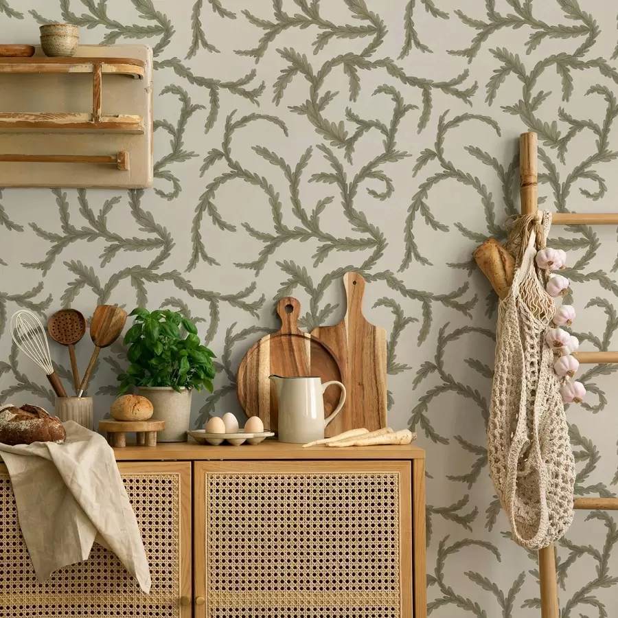 τοιχογραφίες Απαλά πράσινα κωνοφόρα σγουρά σε ανοιχτόχρωμο φόντο a00938