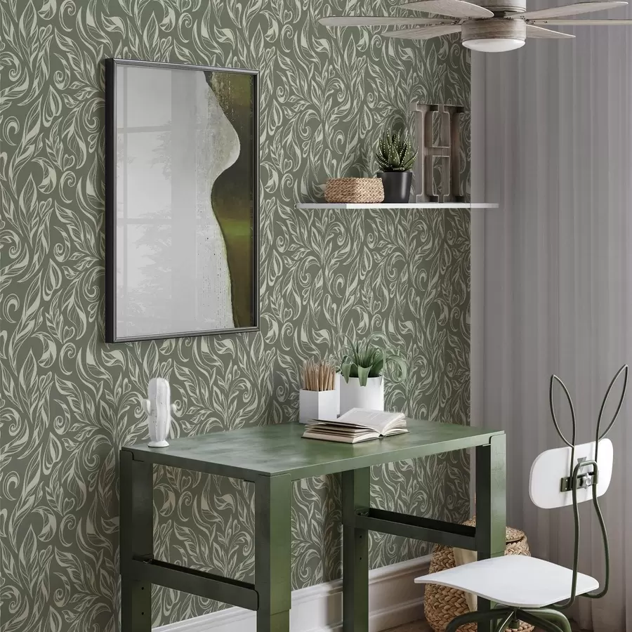 τοιχογραφίες Κρεμ χρωματιστό φυλλώδες διακοσμητικό στοιχείο σε πρασινωπό-γκρι φόντο a00940v2