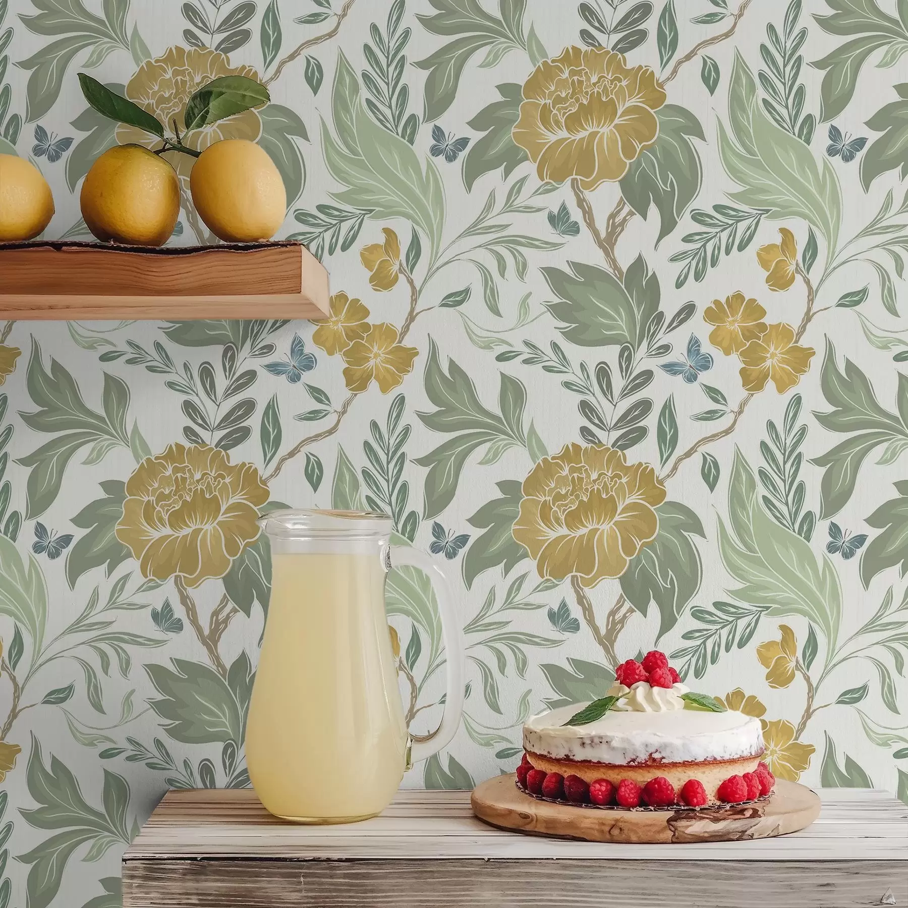 τοιχογραφίες Μεγάλες κίτρινες παιώνιες και πράσινο σε ανοιχτόχρωμο φόντο a00941