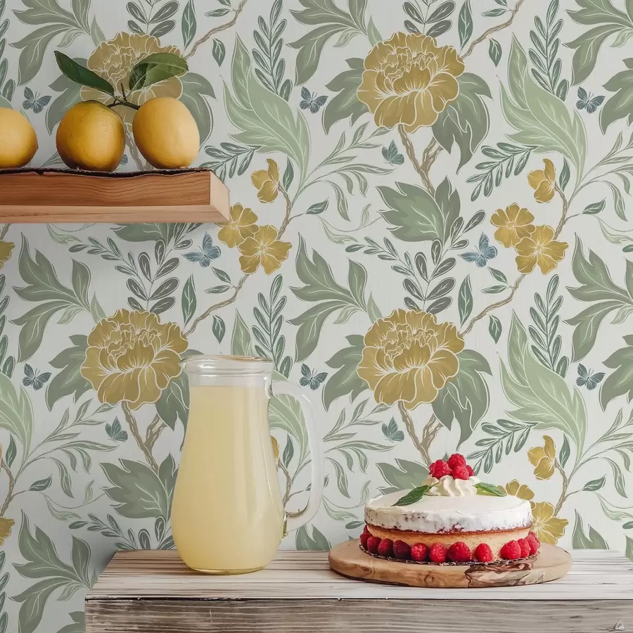 τοιχογραφίες Μεγάλες κίτρινες παιώνιες και πράσινο σε ανοιχτόχρωμο φόντο a00941