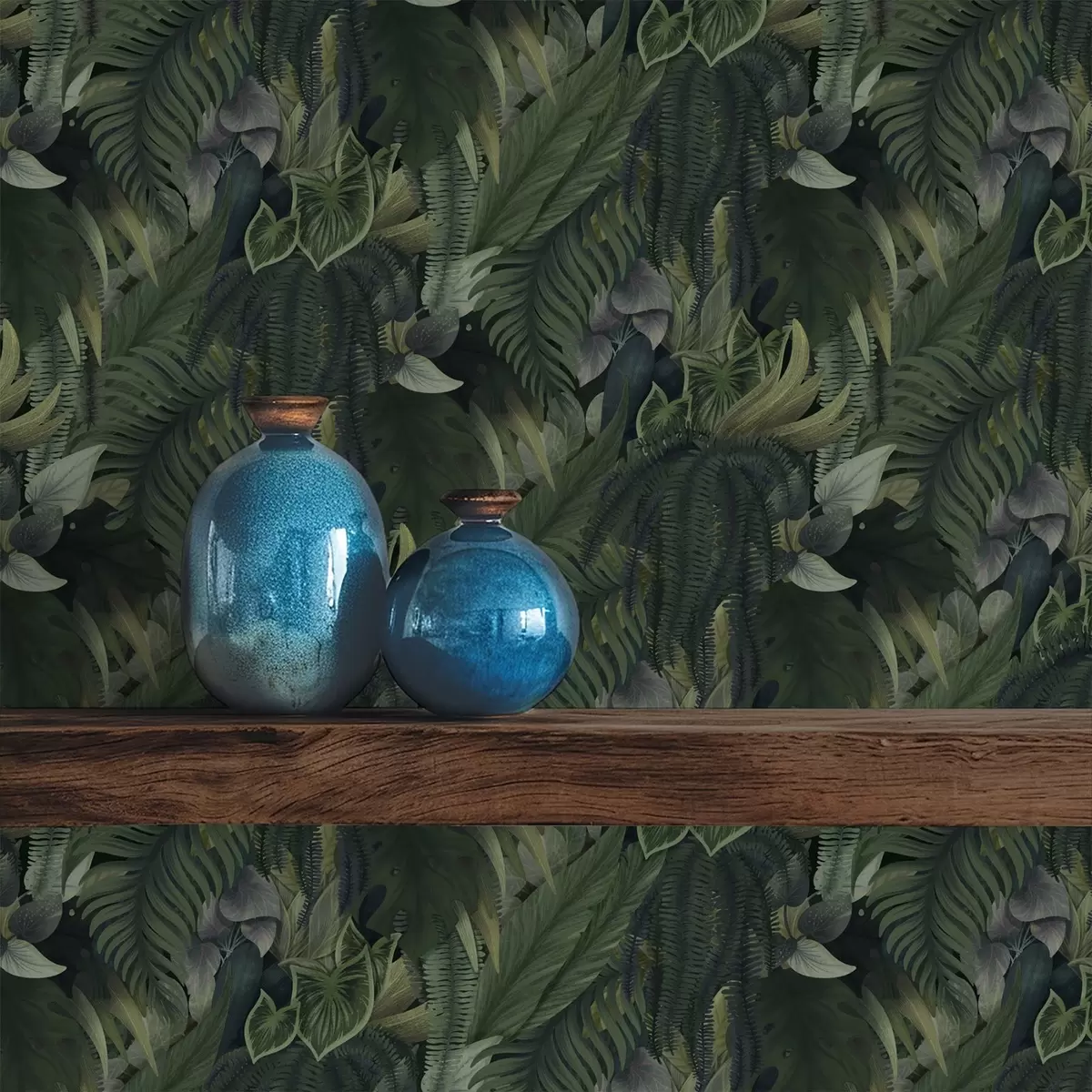 Ταπετσαρία Πυκνό τροπικό φύλλωμα σε βαθιά πράσινα αλσύλλια a00943