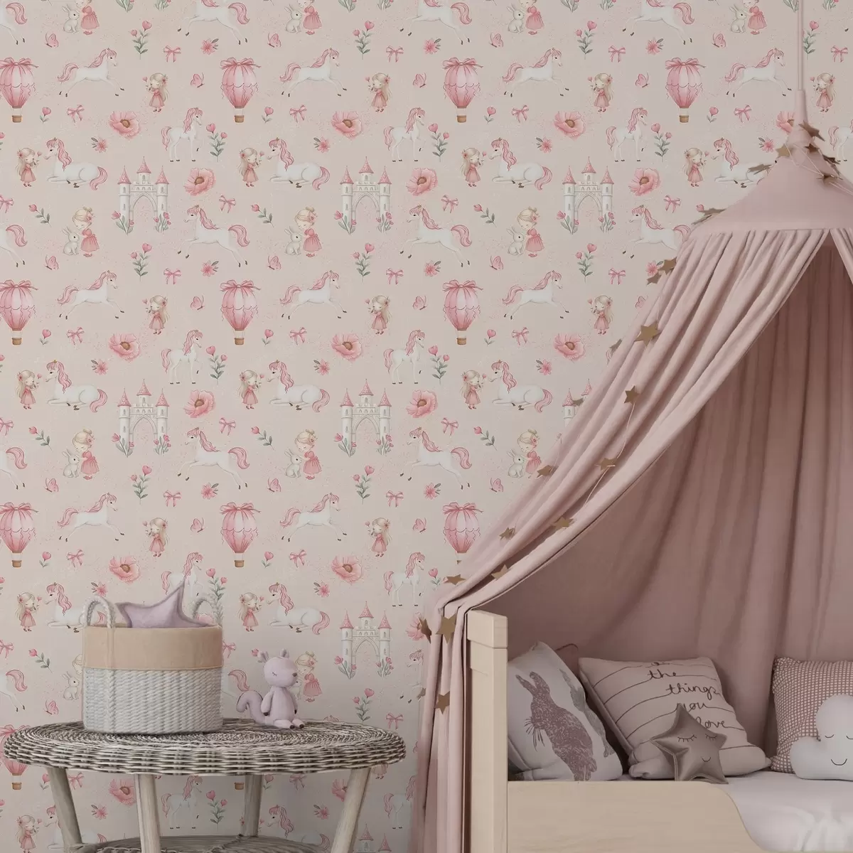 Ταπετσαρία Ροζ μονόκεροι, μικρά κορίτσια και ένα κάστρο σε απαλό φόντο a00957