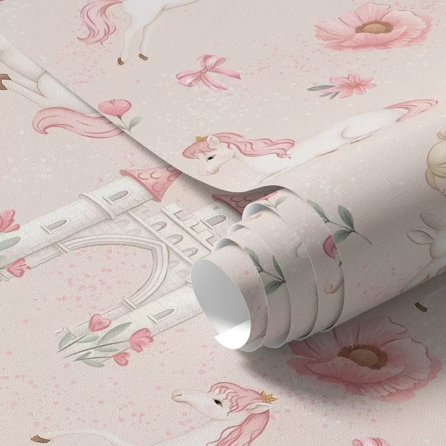 τοιχογραφίες Ροζ μονόκεροι, μικρά κορίτσια και ένα κάστρο σε απαλό φόντο a00957