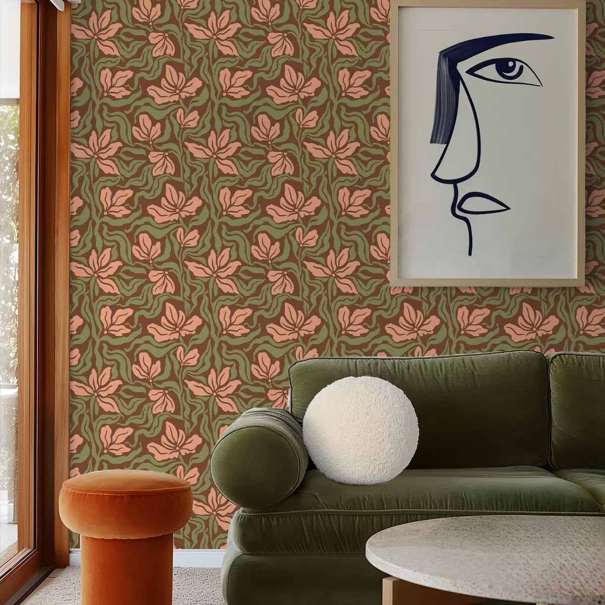 Ταπετσαρία Αποχρώσεις ροδακινί και πράσινο σε σκούρο καφέ φόντο a00958v2