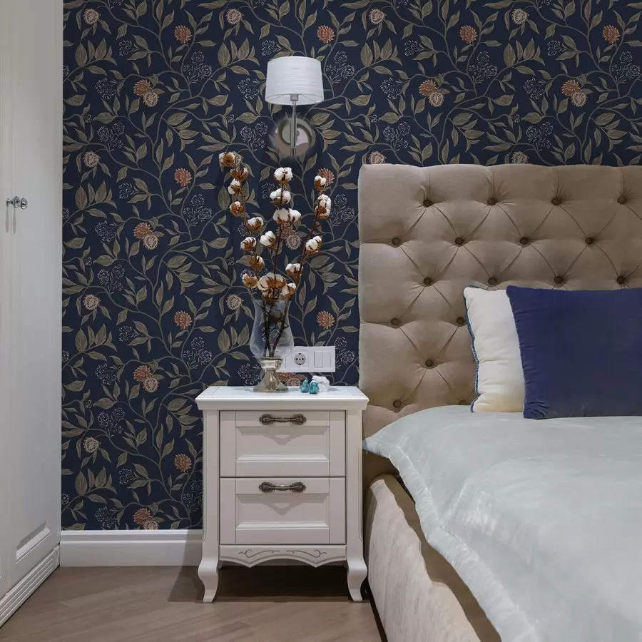 τοιχογραφίες Μπλε κήπος με κλαδιά, φρούτα και μικροσκοπικά άνθη a00959