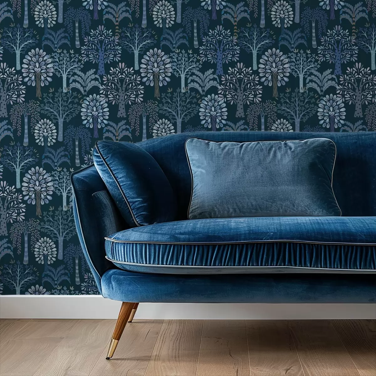 Ταπετσαρία Νυχτερινό δάσος με διακοσμητικά δέντρα σε μπλε αποχρώσεις a00960v2