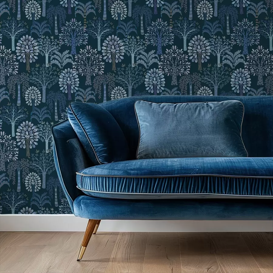 τοιχογραφίες Νυχτερινό δάσος με διακοσμητικά δέντρα σε μπλε αποχρώσεις a00960v2