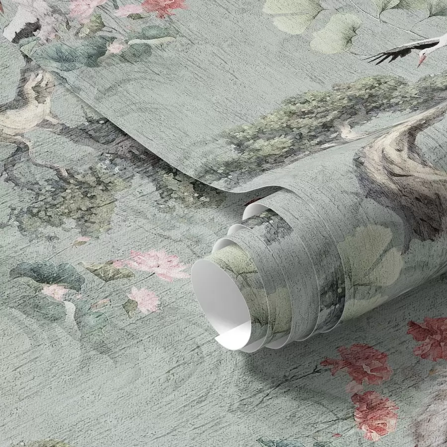 τοιχογραφίες Γερανοί ανάμεσα σε πεύκα και λωτούς σε ένα ήρεμο πράσινο φόντο a00962