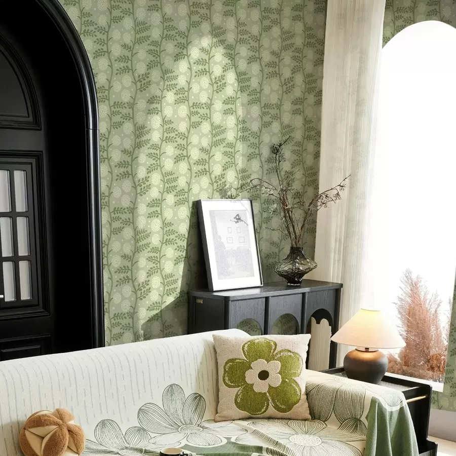 τοιχογραφίες Σαλέ-πράσινα στελέχη με αφράτα λουλούδια σε χρώμα ελεφαντόδοντου και κουκκίδες a00997v2