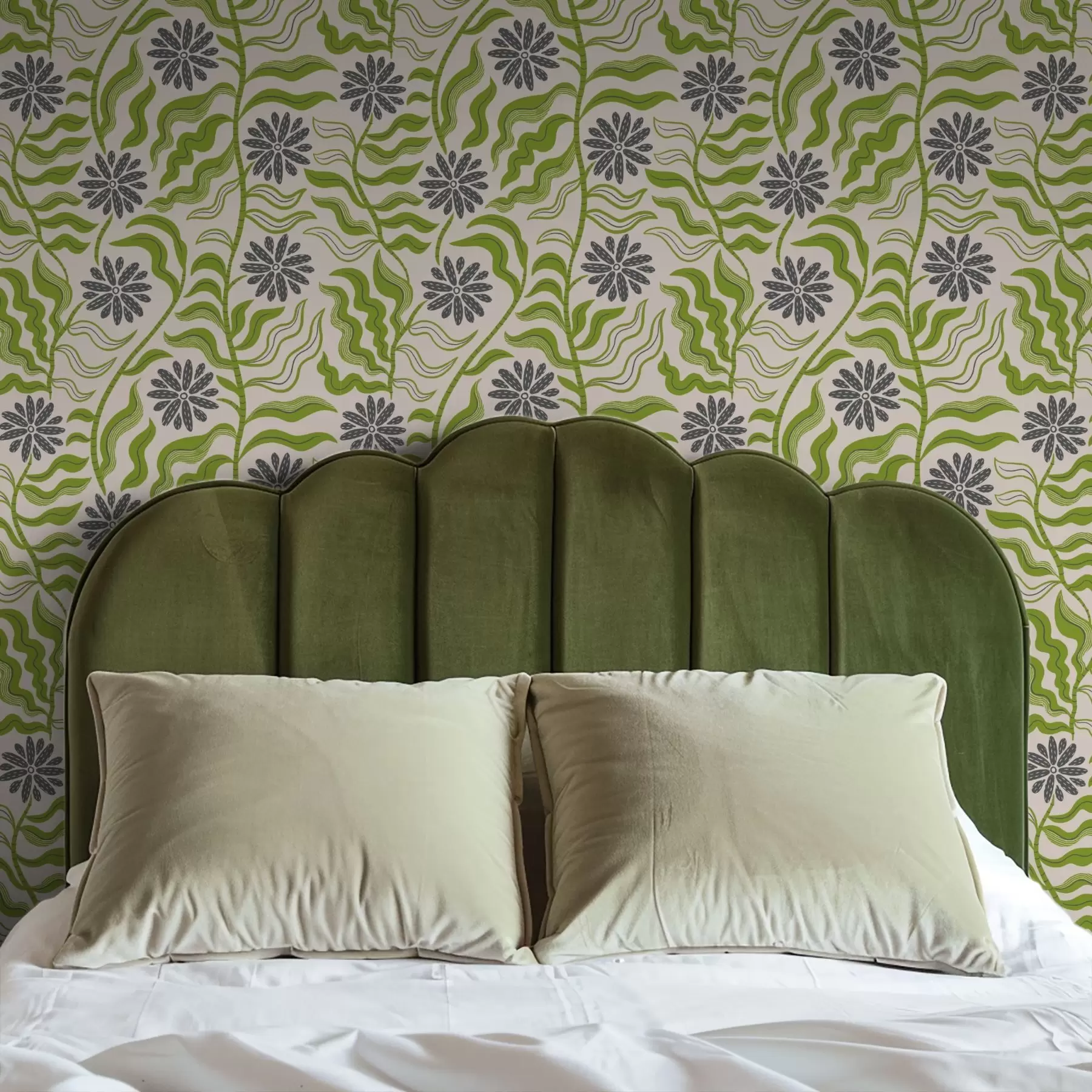 τοιχογραφίες Παιχνιδιάρικες πράσινες μαργαρίτες με κυματιστά φύλλα σε κρεμ φόντο a00998