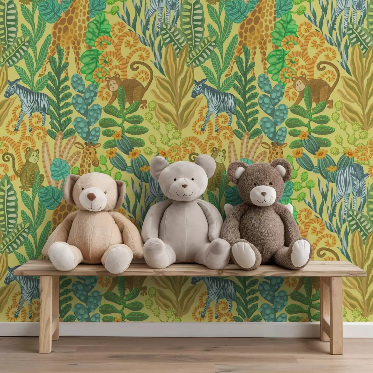 Ταπετσαρία Καμηλοπάρδαλη, ζέβρα και μαϊμού σε μια φωτεινή κίτρινη σαβάνα a01000v1