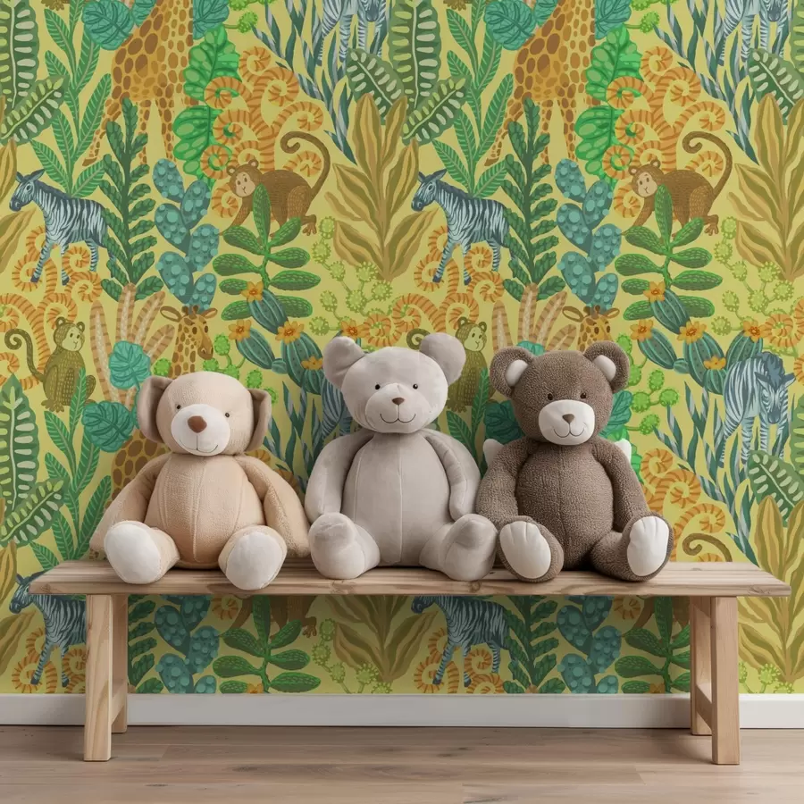 τοιχογραφίες Καμηλοπάρδαλη, ζέβρα και μαϊμού σε μια φωτεινή κίτρινη σαβάνα a01000v1