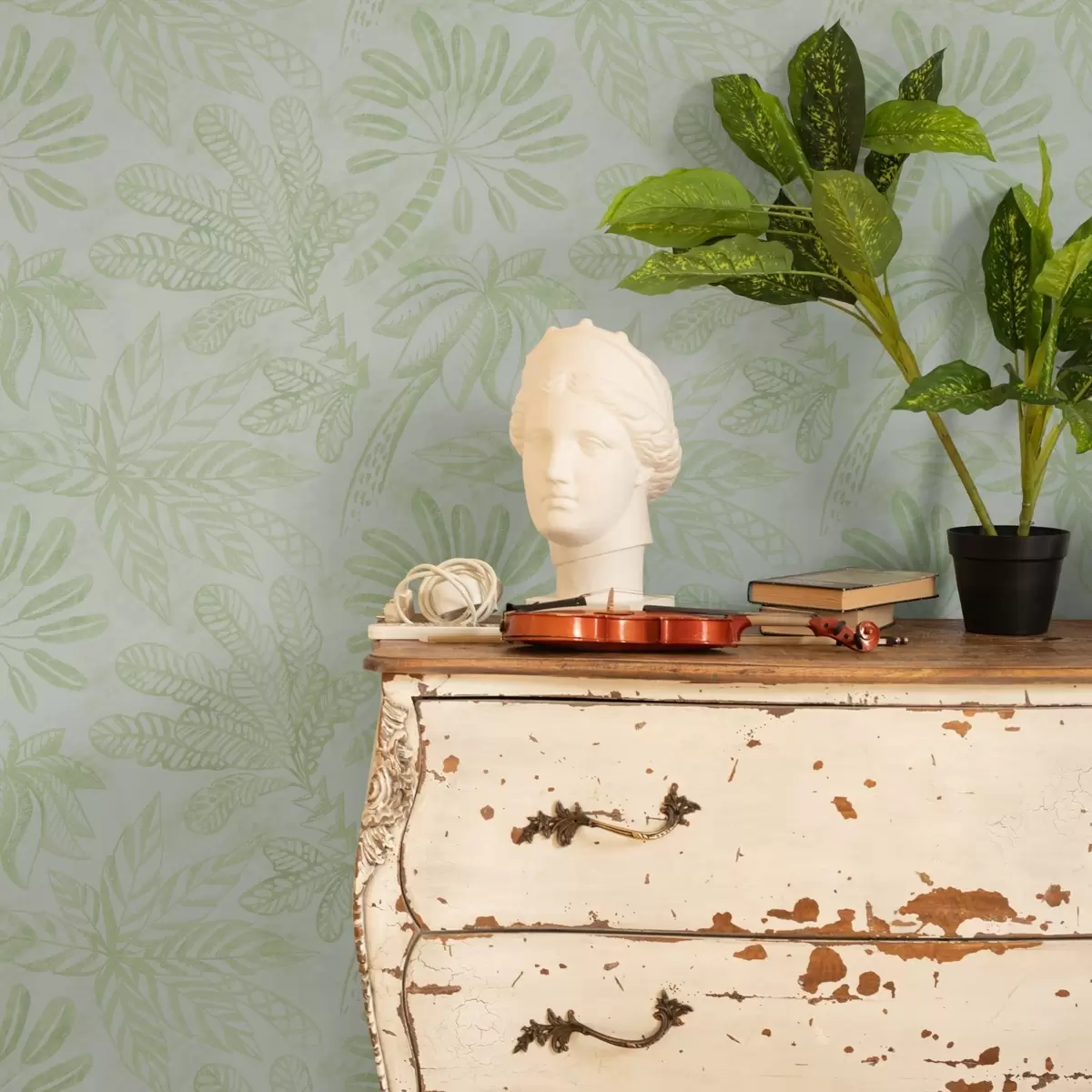 Ταπετσαρία Σκίτσα τροπικών φύλλων σε φρέσκους ανοιχτό πράσινους τόνους a01001v1