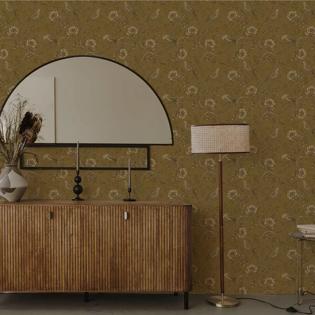 Ταπετσαρία Vintage πουλιά και λουλούδια σε ζεστό φόντο ελιάς a01022v1