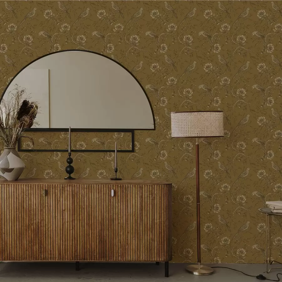 τοιχογραφίες Vintage πουλιά και λουλούδια σε ζεστό φόντο ελιάς a01022v1