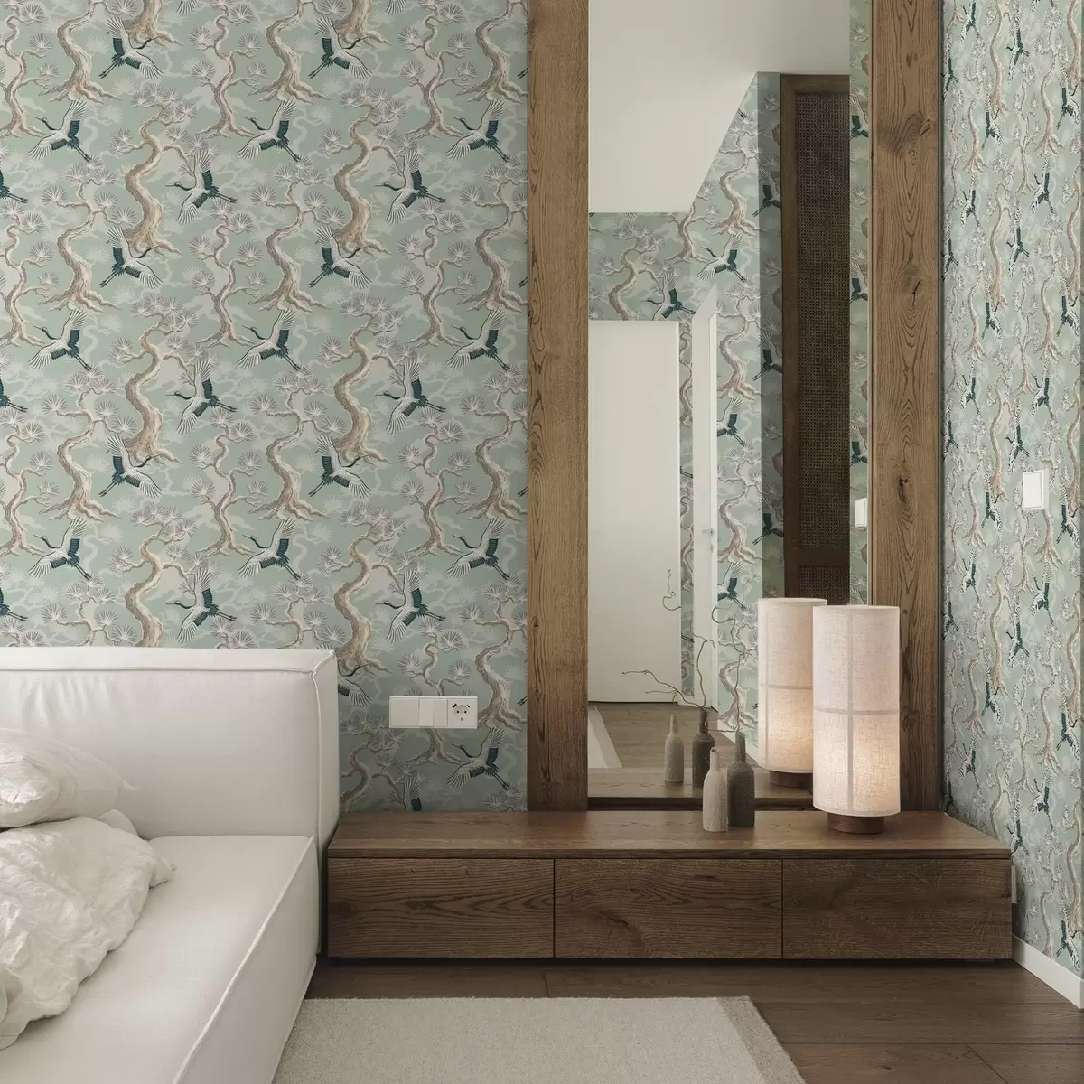 Ταπετσαρία Γερανοί ανάμεσα σε καμπύλα κλαδιά σε απαλό φόντο χρώματος φασκόμηλου a01023