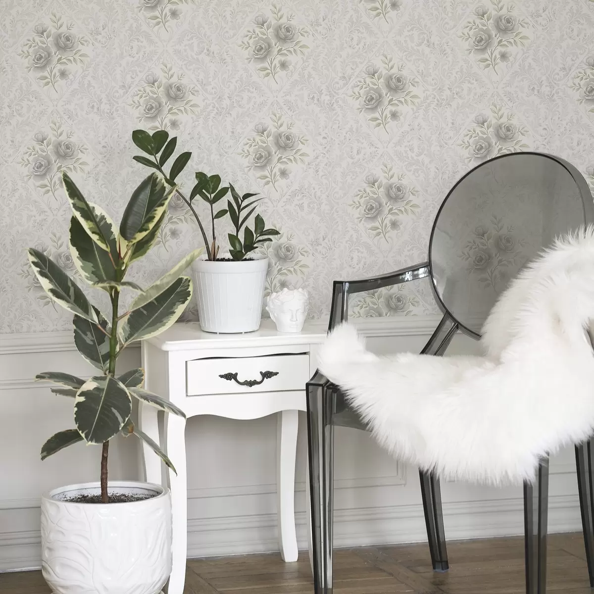 Ταπετσαρία Ελαφρύ δαμασκηνό μοτίβο με γκρι τριαντάφυλλα σε απαλά διαμάντια a01024