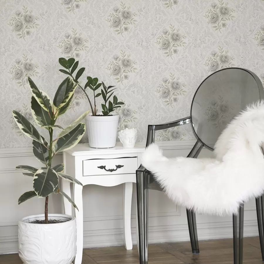 τοιχογραφίες Ελαφρύ δαμασκηνό μοτίβο με γκρι τριαντάφυλλα σε απαλά διαμάντια a01024