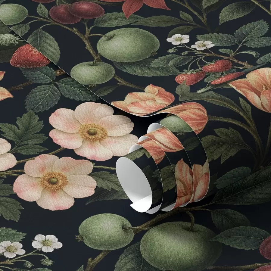 τοιχογραφίες Σκοτεινός κήπος με λουλούδια, ώριμα μήλα και μούρα a01034