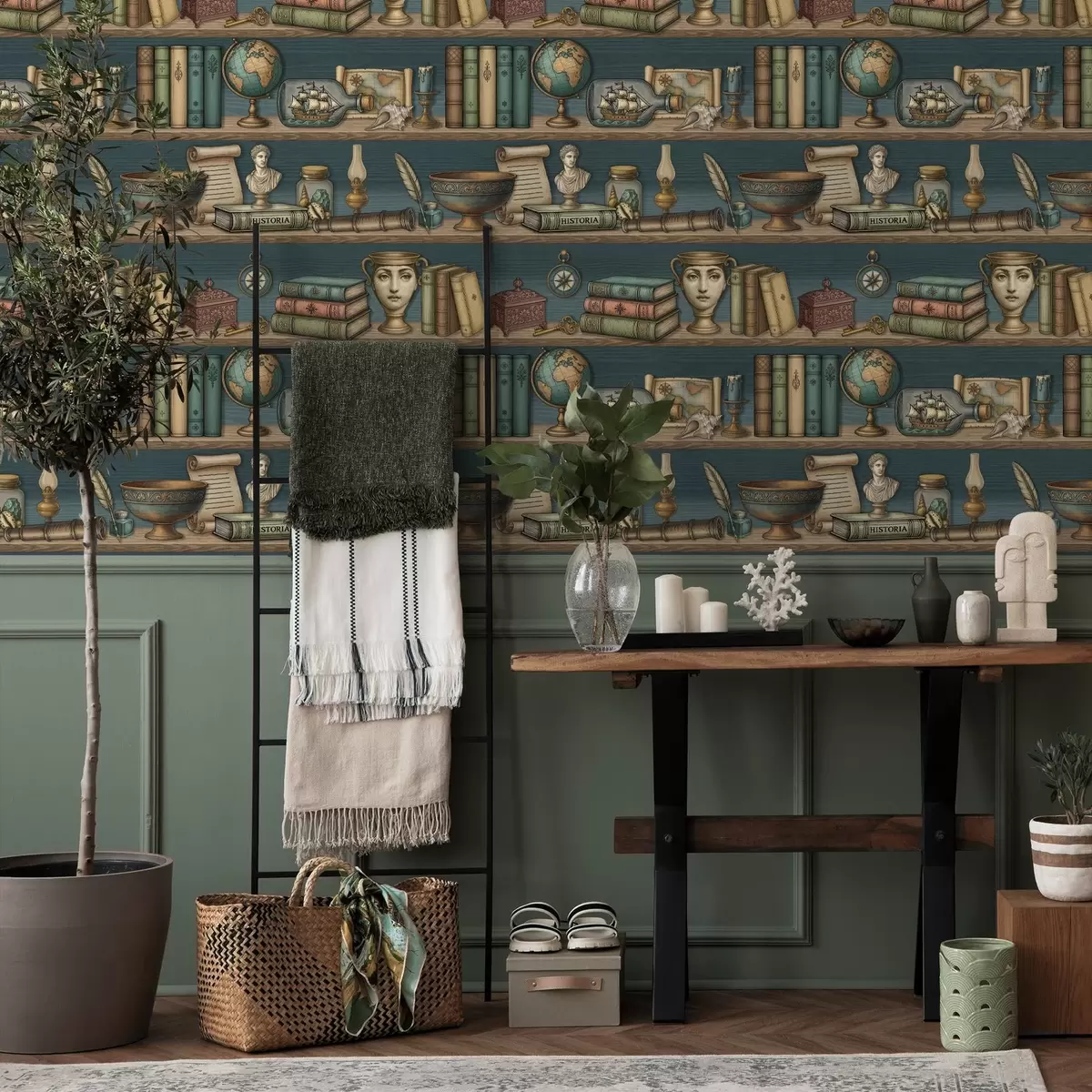 Ταπετσαρία Ράφια vintage με βιβλία, έναν γλόμπο και θαλάσσια αντικείμενα a01036