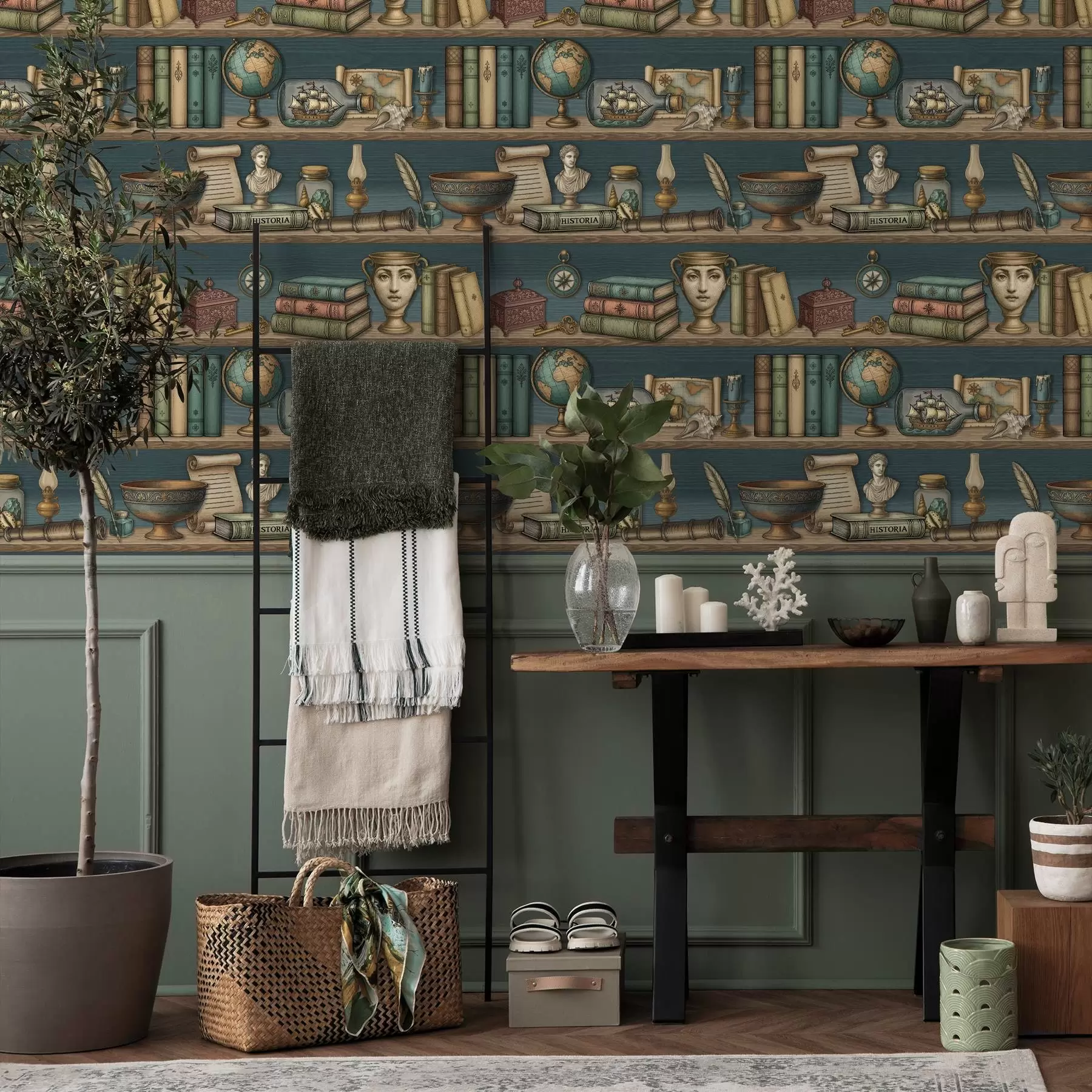 τοιχογραφίες Ράφια vintage με βιβλία, έναν γλόμπο και θαλάσσια αντικείμενα a01036