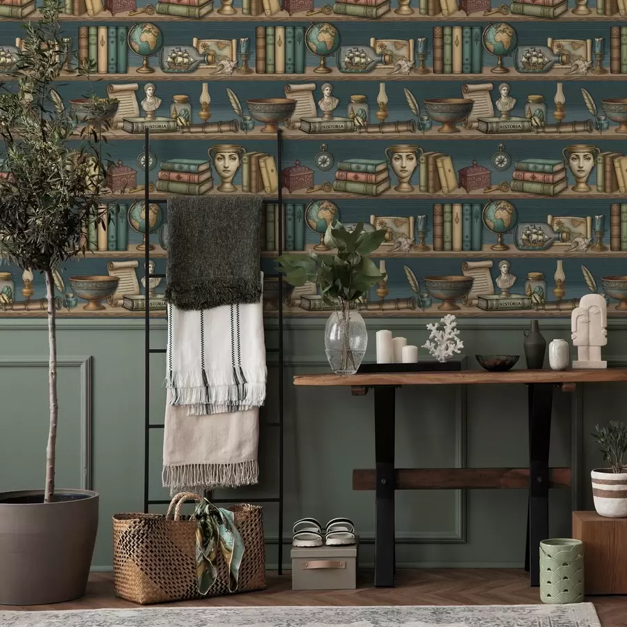 τοιχογραφίες Ράφια vintage με βιβλία, έναν γλόμπο και θαλάσσια αντικείμενα a01036