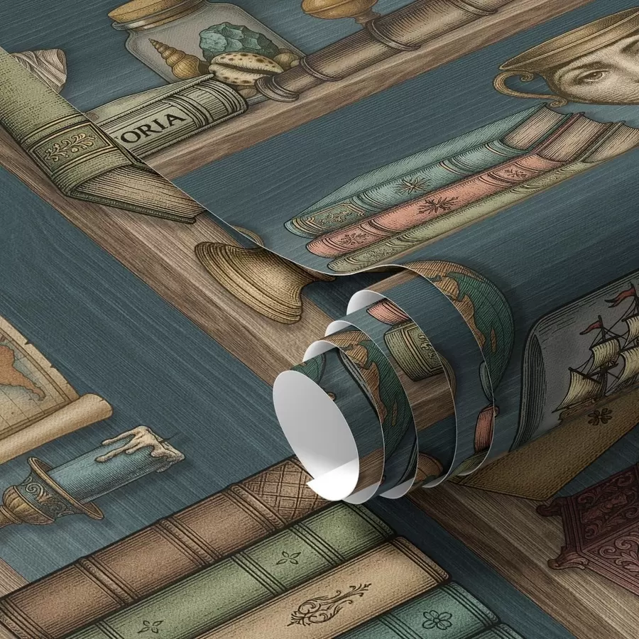 τοιχογραφίες Ράφια vintage με βιβλία, έναν γλόμπο και θαλάσσια αντικείμενα a01036