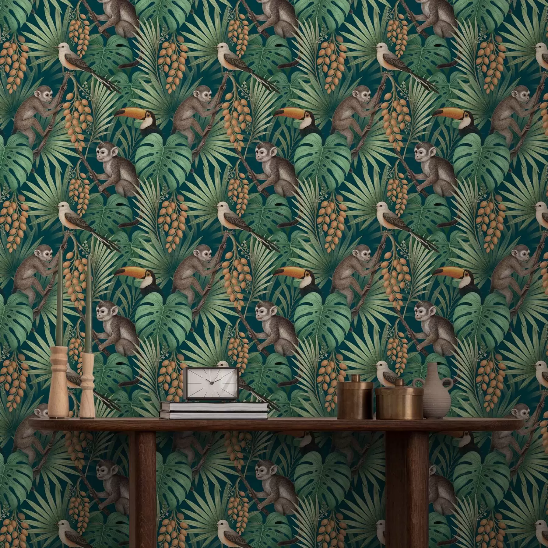 τοιχογραφίες Πίθηκοι και τροπικά πουλιά στο πυκνό φύλλωμα της ζούγκλας a01037