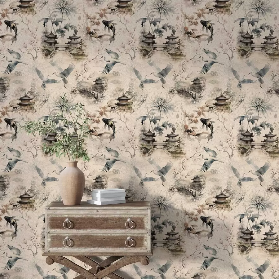 τοιχογραφίες Ιαπωνικοί ναοί, ψάρια koi και γερανοί σε απαλό φόντο a01040