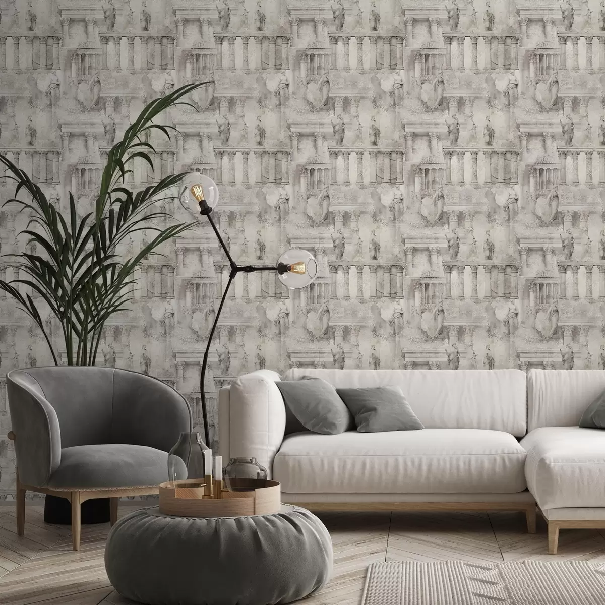 Ταπετσαρία Αντίκες αγάλματα και κολόνες σε απαλούς μπεζ-γκρι τόνους a01041