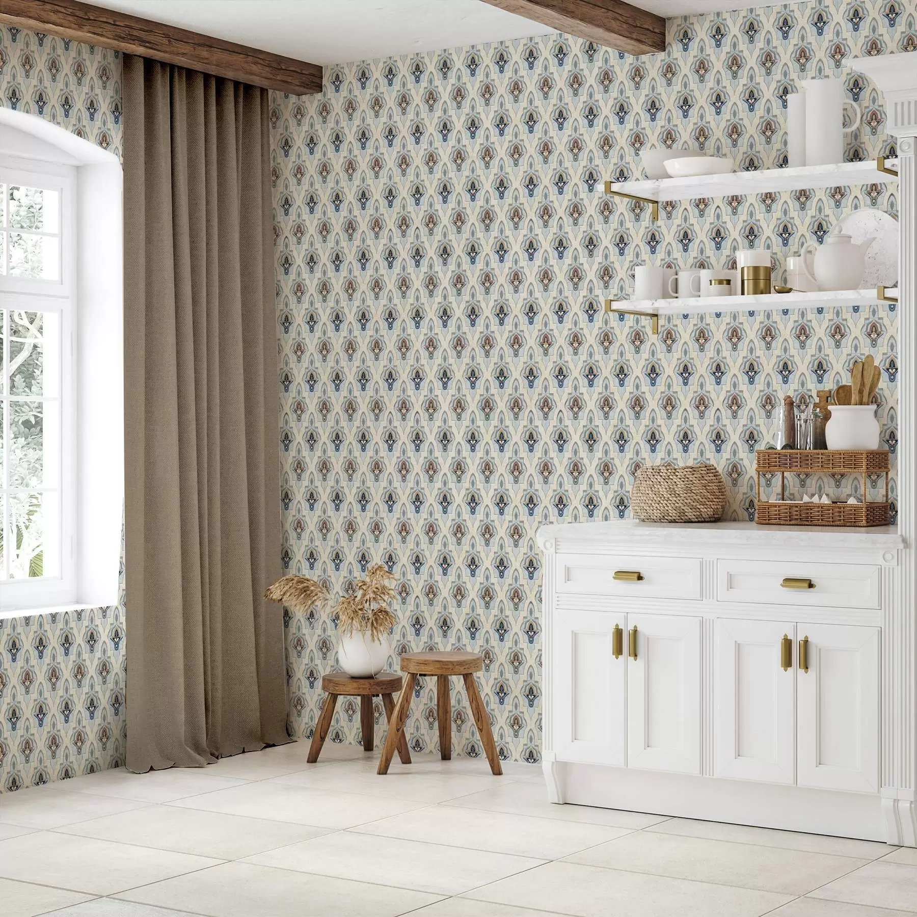 τοιχογραφίες Ανατολίτικο μοτίβο από μικρά πλακάκια σε μπλε-άμμο παλέτα a01044